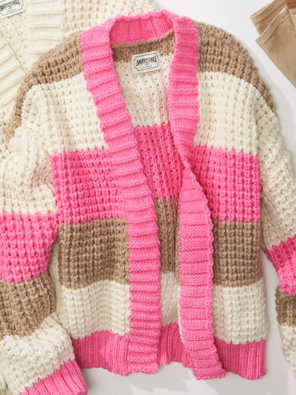 American Eagle Outfitters Pink, Cream & Brown Colorblock Chunky Knit Cardigan